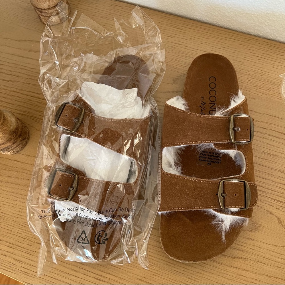 Coconuts by Matisse “Victory” sandals Faux Fur Lined Double Buckle Detail